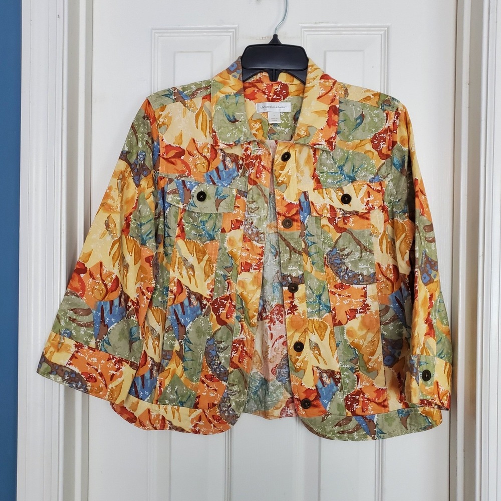 Christopher & Banks Jacket Multicolor Abstract Linen Cotton Floral Button Up Sm